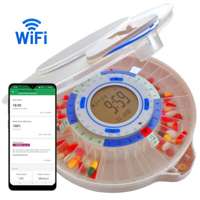 Smart WIFI Pill Dispenser with Alarm DOSECONTROL incl. Free 2 months Premium Service | Model 2021 | Matt cover | English dosage rings | Remote control and notification via Android app