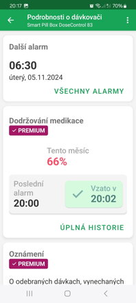 Aplikace DoseControl pro smart dávkovač léků WLAN | Přehled odebraných nebo vynechaných dávek