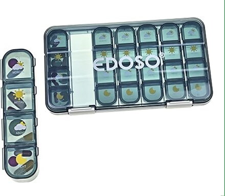 7denní dávkovač léků, dávkovač léků se 4 přihrádkami (ráno, v poledne, večer, v noci), odolný proti vlhkosti, bez BPA, s motivem tablet, velké přihrádky, přenosný a kompaktní