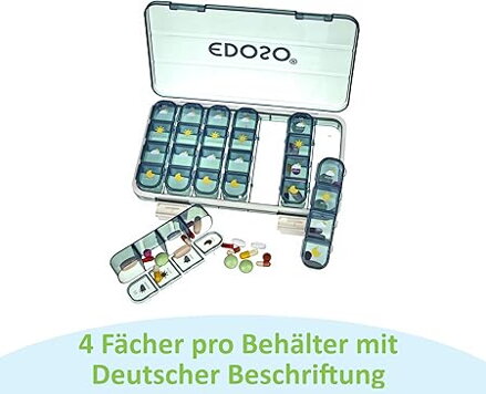 EDOSO 7denní dávkovač léků, dávkovač léků se 4 přihrádkami (ráno, v poledne, večer, v noci), odolný proti vlhkosti, bez BPA, s motivem tablet, velké přihrádky, přenosný a kompaktní