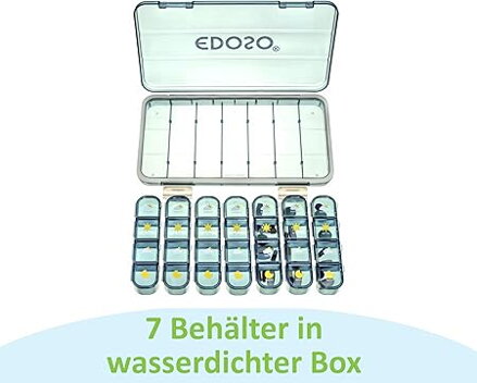 EDOSO 7denní dávkovač léků, dávkovač léků se 4 přihrádkami (ráno, v poledne, večer, v noci), odolný proti vlhkosti, bez BPA, s motivem tablet, velké přihrádky, přenosný a kompaktní