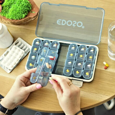 EDOSO 7denní dávkovač léků, dávkovač léků se 4 přihrádkami (ráno, v poledne, večer, v noci), odolný proti vlhkosti, bez BPA, s motivem tablet, velké přihrádky, přenosný a kompaktní