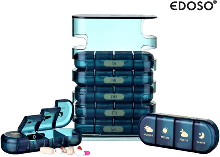 EDOSO Dávkovač léků na 7 dní, 28 přihrádek, věžová konstrukce, modrá barva