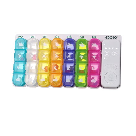 Velký týdenní elektronický dávkovač léku na 7 dní s chytrým alarmem a LED displejem EDOSO – Model 2026 Český