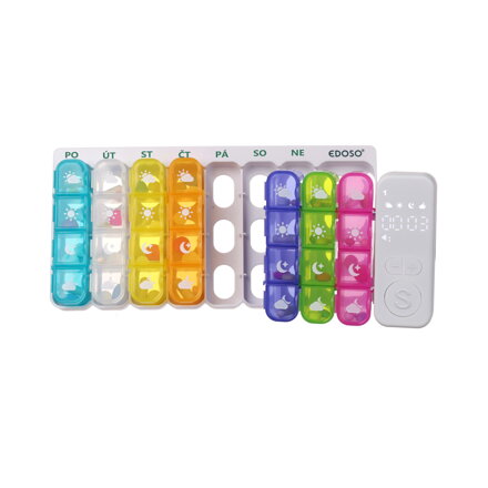 Velký týdenní elektronický dávkovač léku na 7 dní s chytrým alarmem a LED displejem EDOSO – Model 2026 Český