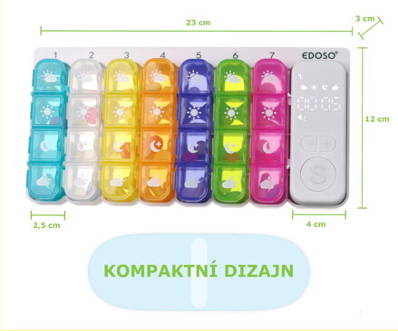 Velký týdenní elektronický dávkovač léku na 7 dní s chytrým alarmem a LED displejem EDOSO – Model 2026 Český