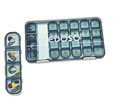 EDOSO 7denní dávkovač léků, dávkovač léků se 4 přihrádkami (ráno, v poledne, večer, v noci), odolný proti vlhkosti, bez BPA, s motivem tablet, velké přihrádky, přenosný a kompaktní