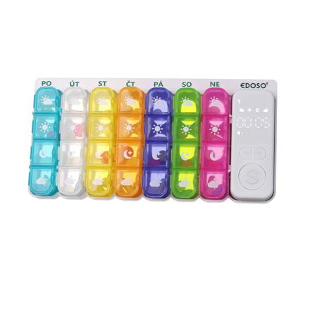 Velký týdenní elektronický dávkovač léku na 7 dní s chytrým alarmem a LED displejem EDOSO – Model 2026 Český