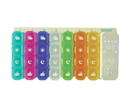 Velký týdenní elektronický dávkovač léku na 7 dní s chytrým alarmem a LED displejem EDOSO – Model 2026 Český